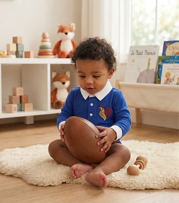 A baby sitting on a soft rug holding a small rugby ball, wearing a royal blue France romper with an embroidered cockerel crest