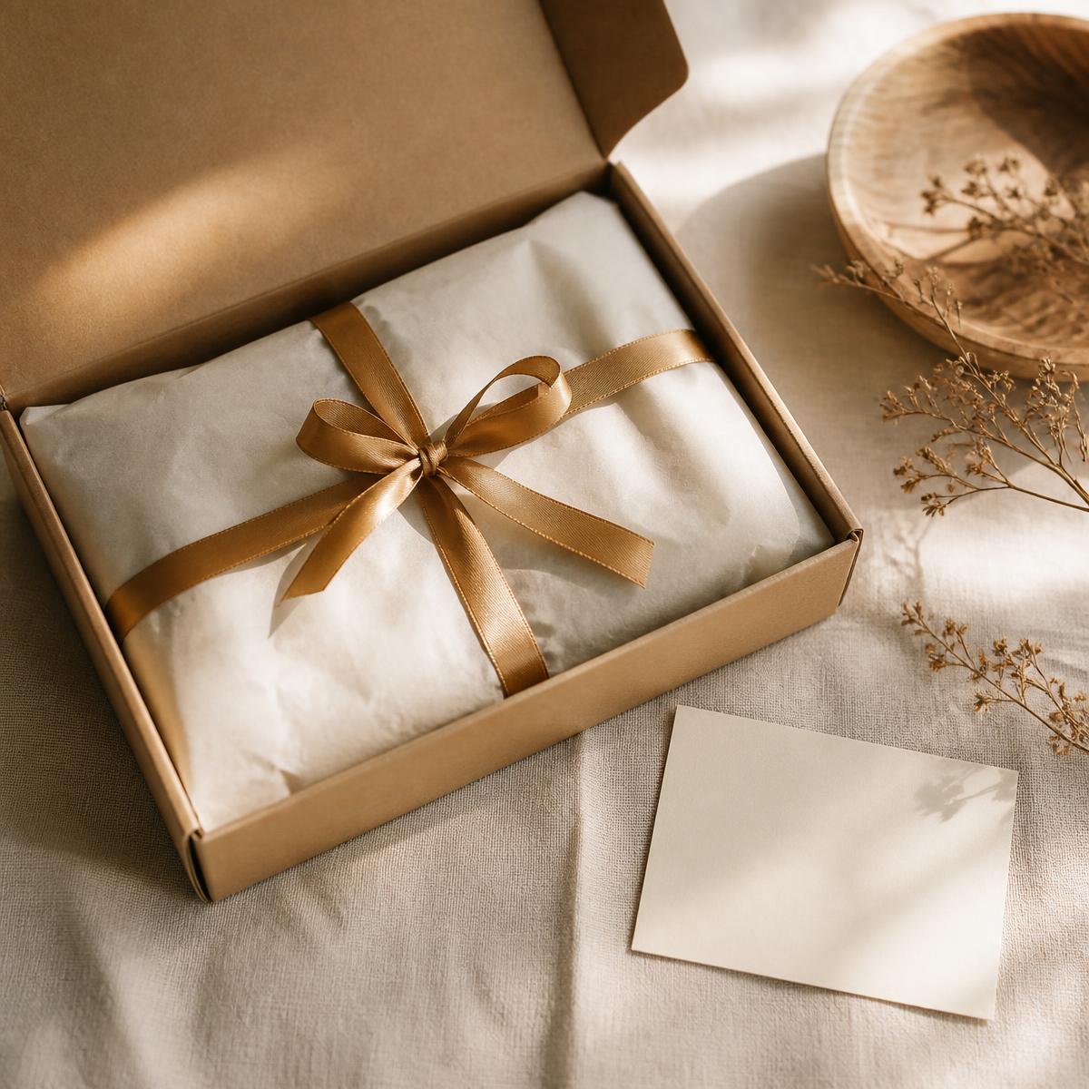 Unbleached tissue paper tied with a brass ribbon in a plain kraft box beside a blank card