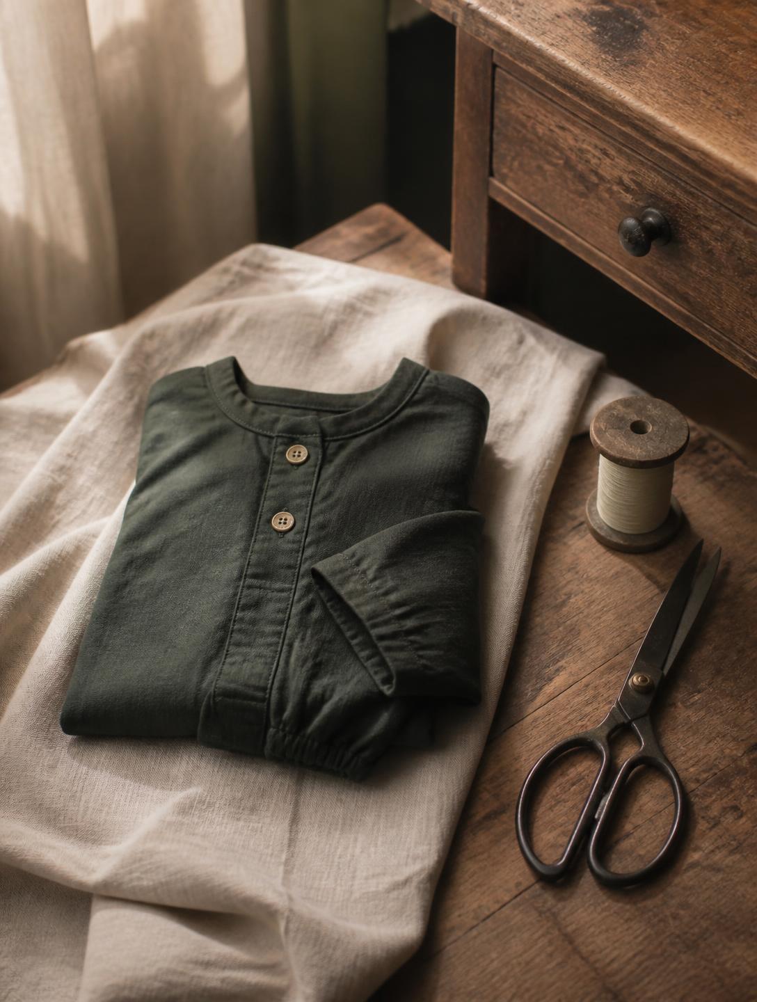 A folded deep green cotton romper on linen beside a thread spool and tailor's scissors